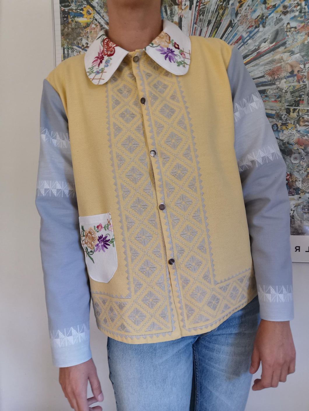 Patchwork skjorte - gul og grå - str. M/L